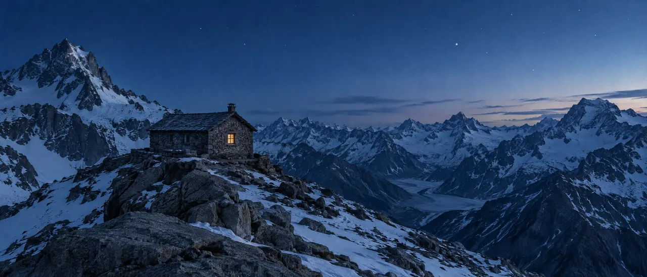 A mountain hut with one lit window under the stars