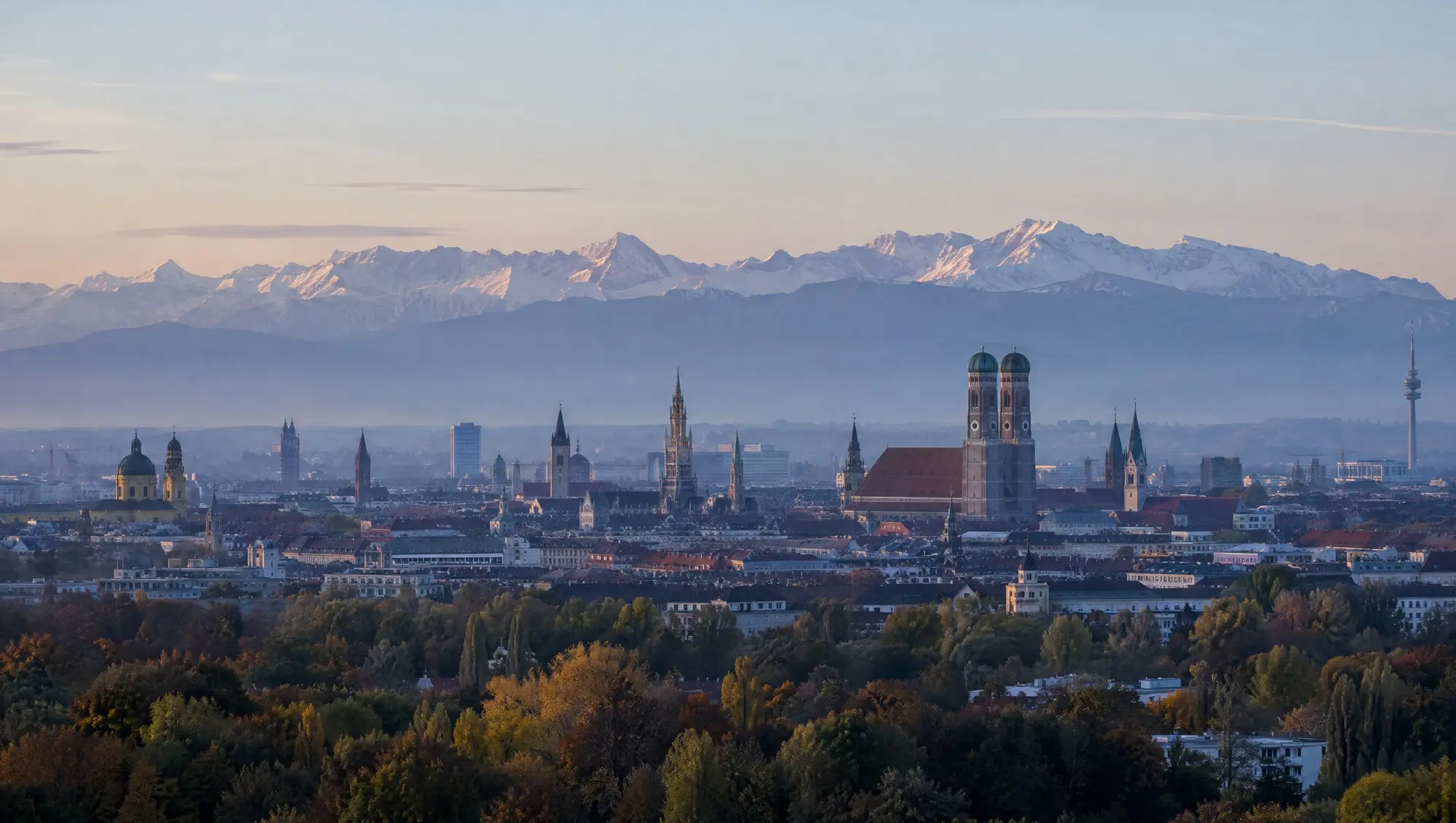 Munich at dawn with the Alps on the horizon