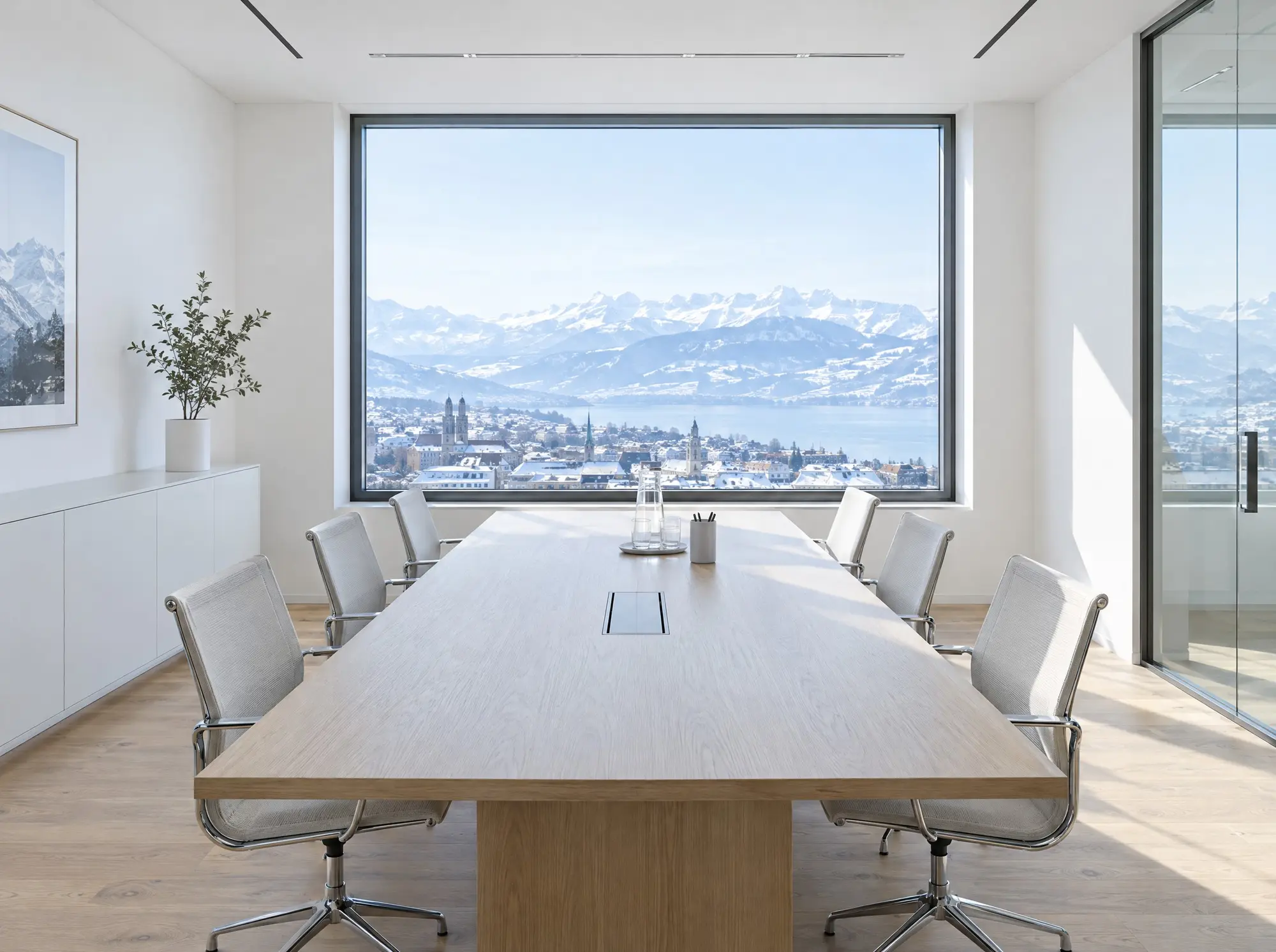 A meeting room with a view of snowy mountains