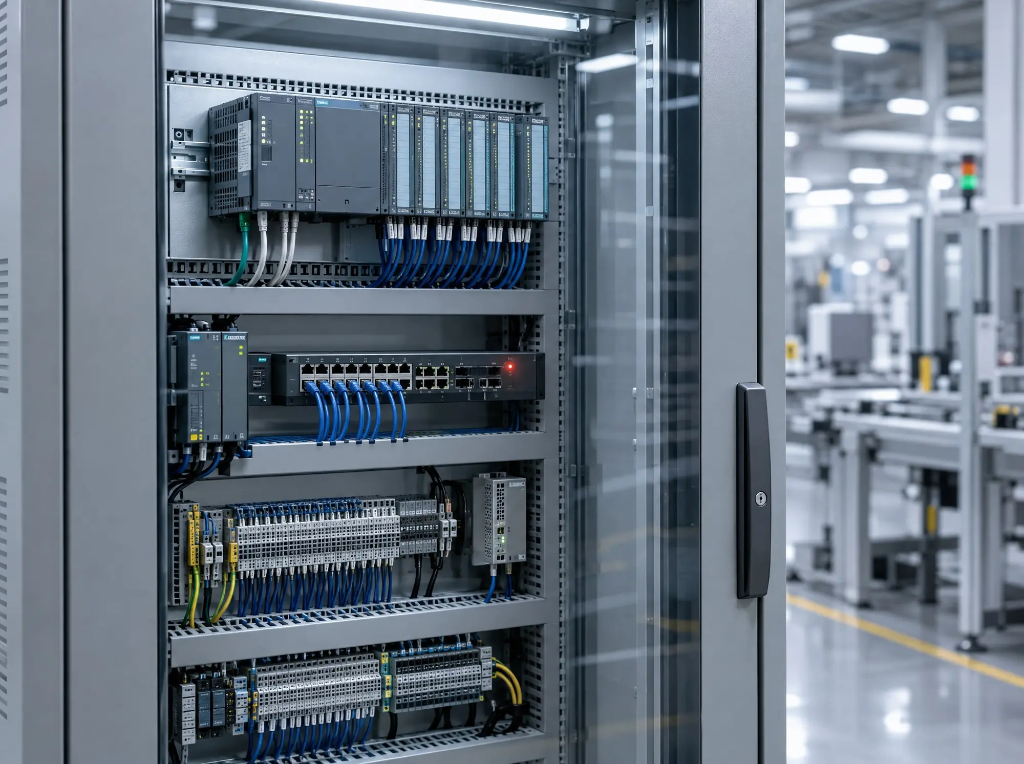 An industrial control cabinet with network modules