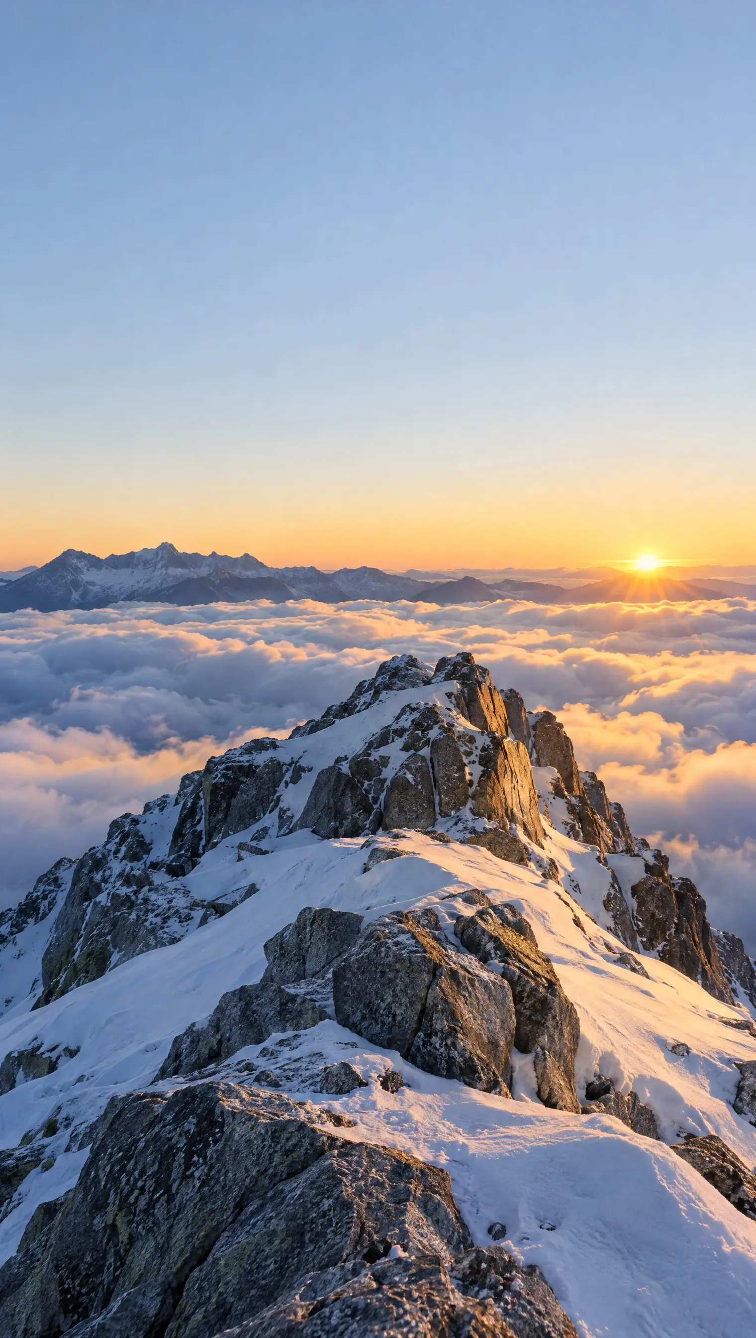 A rocky peak above a sea of clouds at sunrise