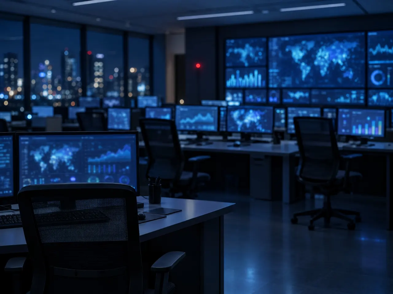 A quiet operations room at night